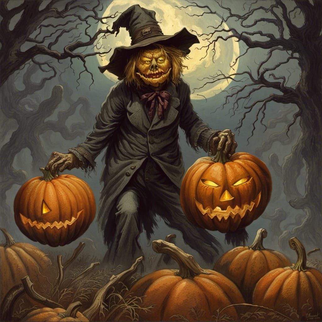 Horror Pumpkin Scarecrow in Doré-Rutkowski Style