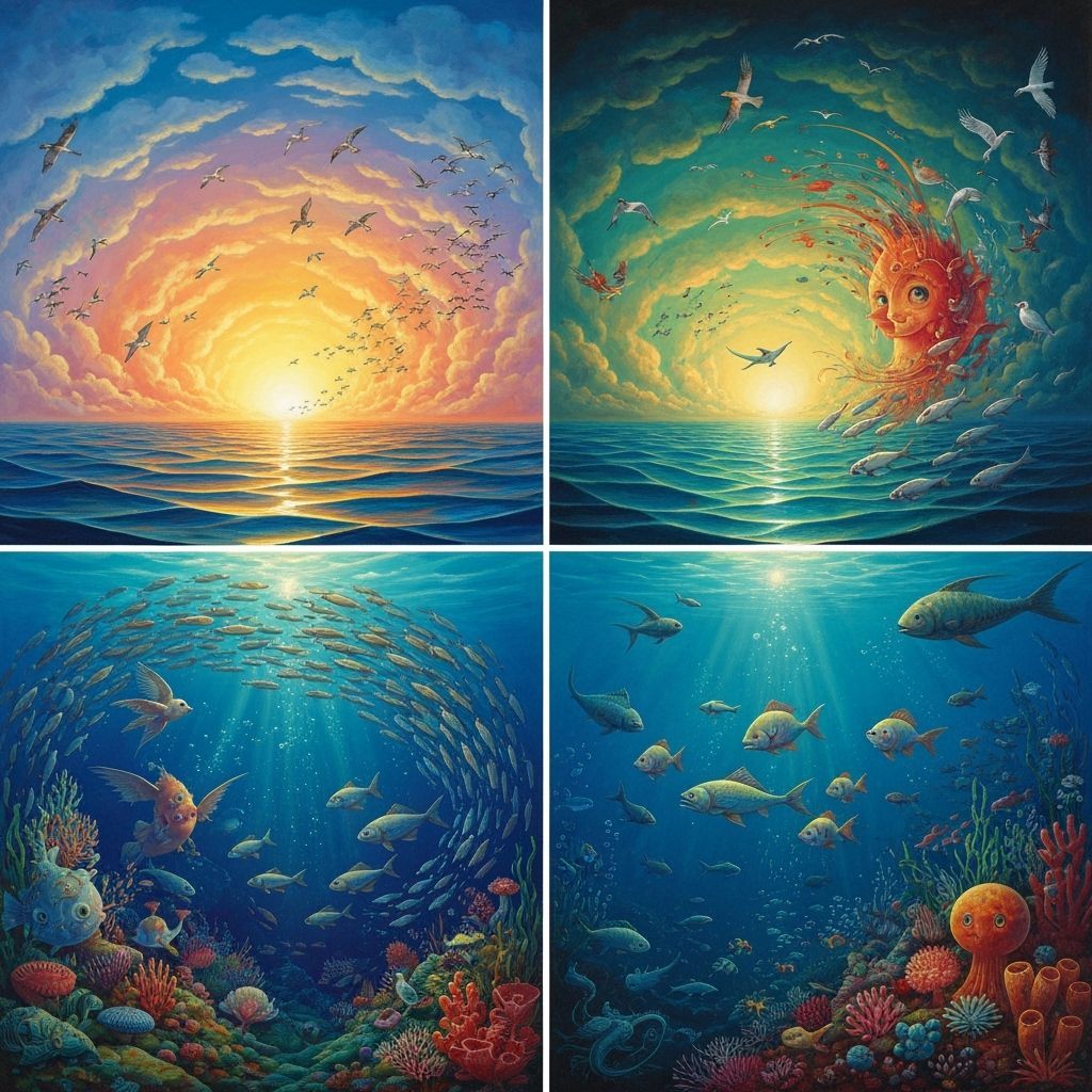 Surreal Triptych of Creation: Sky, Sea, and Depths