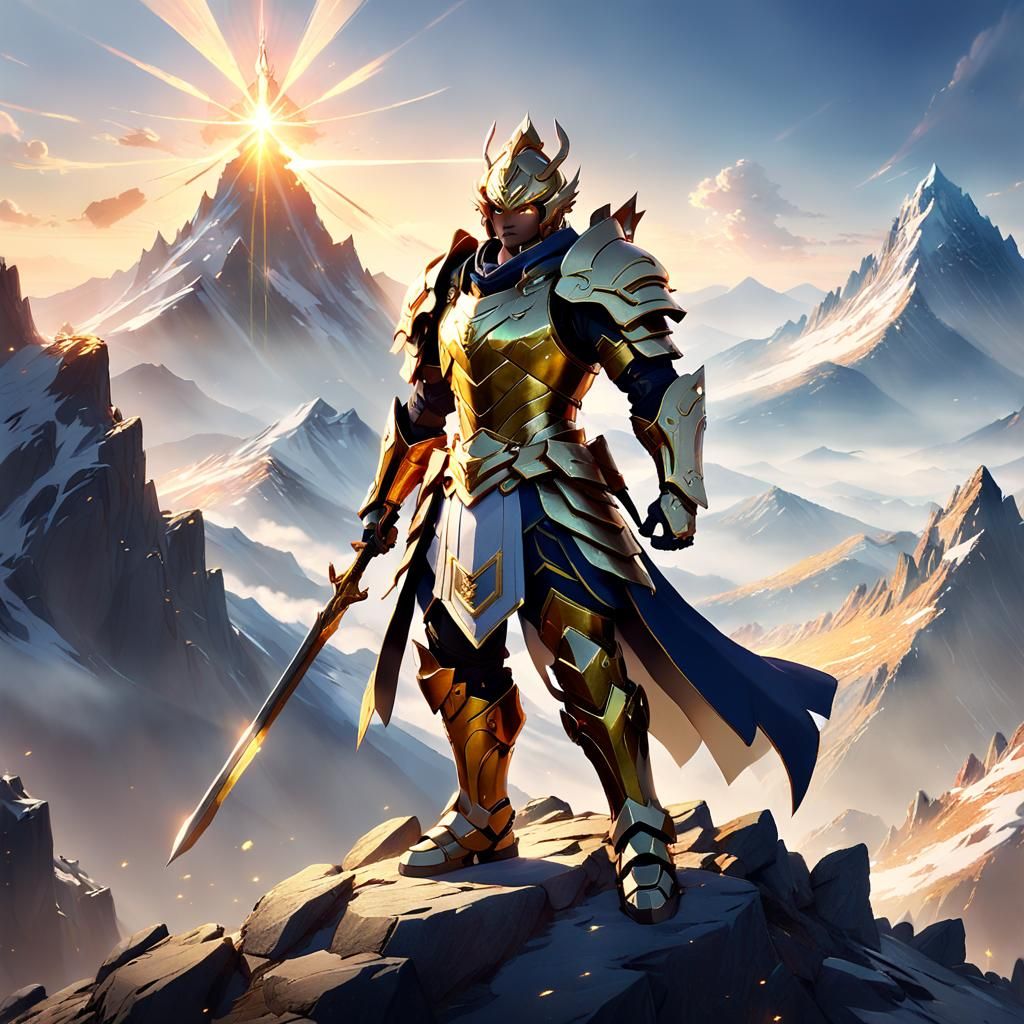 Victorious Anime Warrior on Mountain Peak in 3D