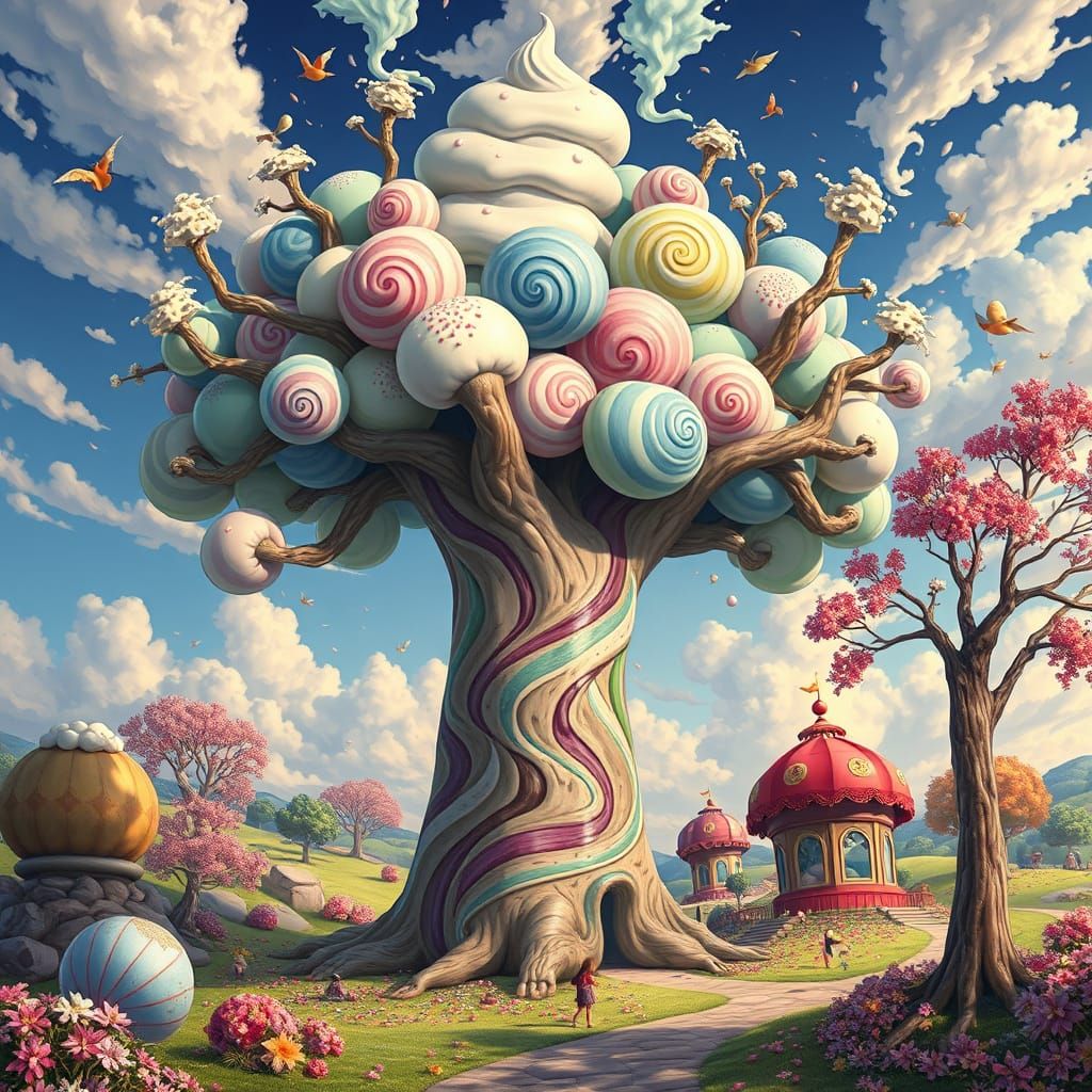 Giant Ice Cream Tree in Whimsical Landscape