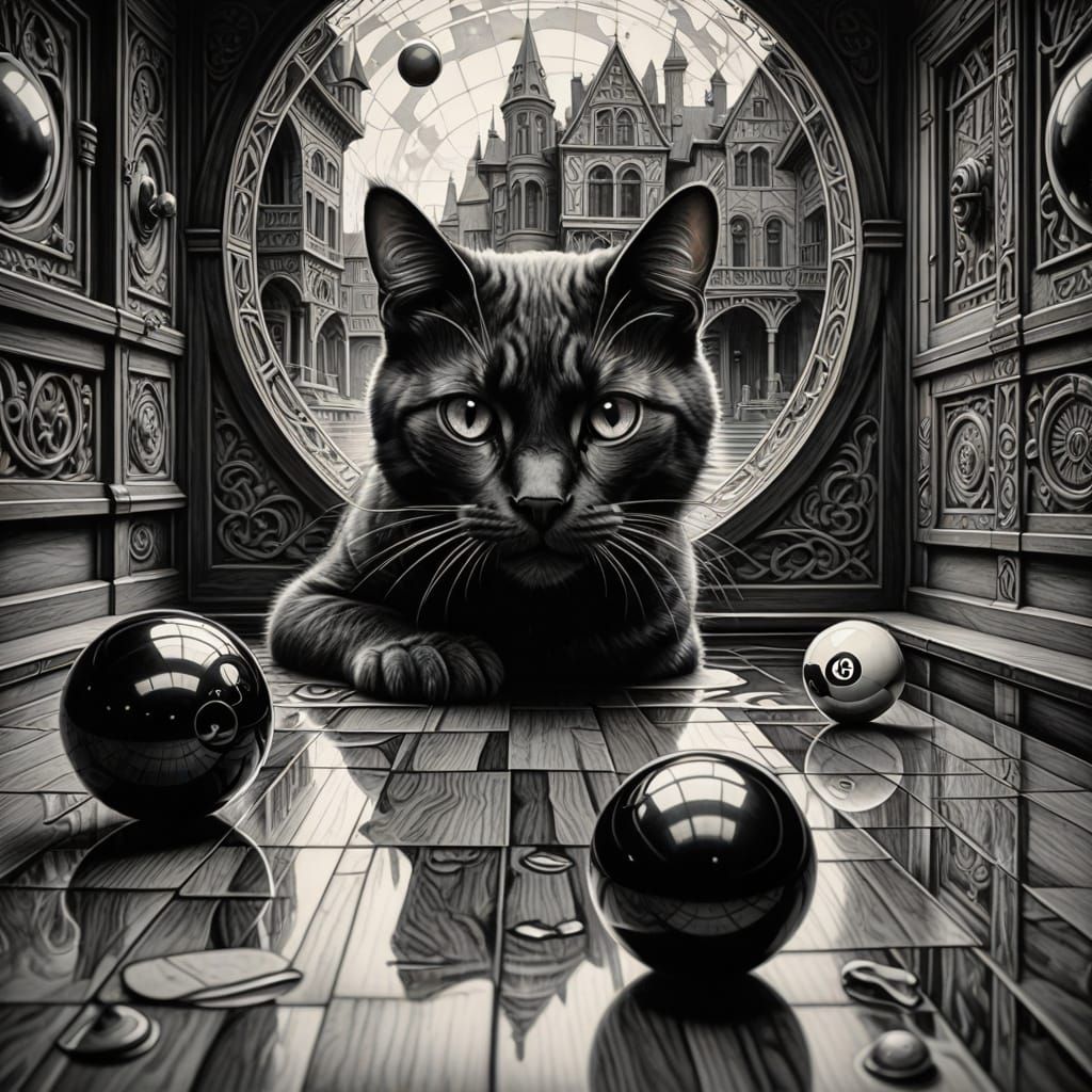 Whimsical Cat Hides Behind an Eight Ball in M C Escher-Inspi...