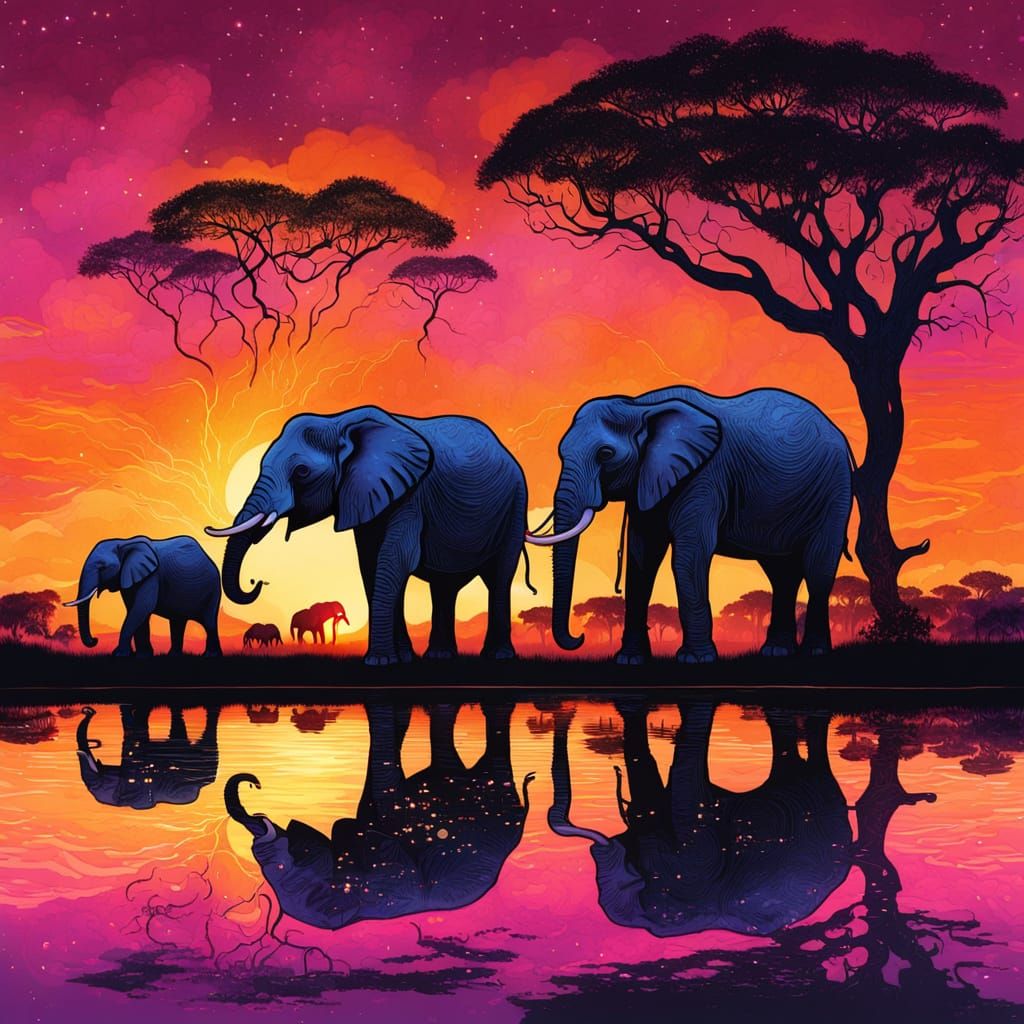 Elephants at Sunset: A Cosmic Mixed Media Illustration