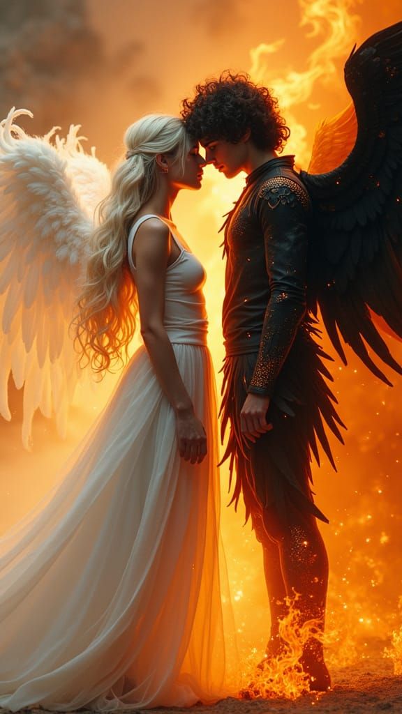 Water Angel and Fire Angel in Dreamlike Style