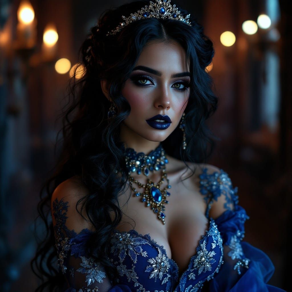 Ethereal Gothic Bride in Opulent Blue and Purple Wedding Att...