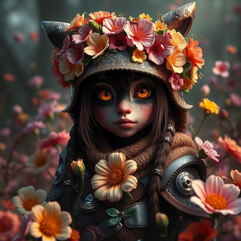 Flower Crowned Trash Bandit in Fantasy Art Style