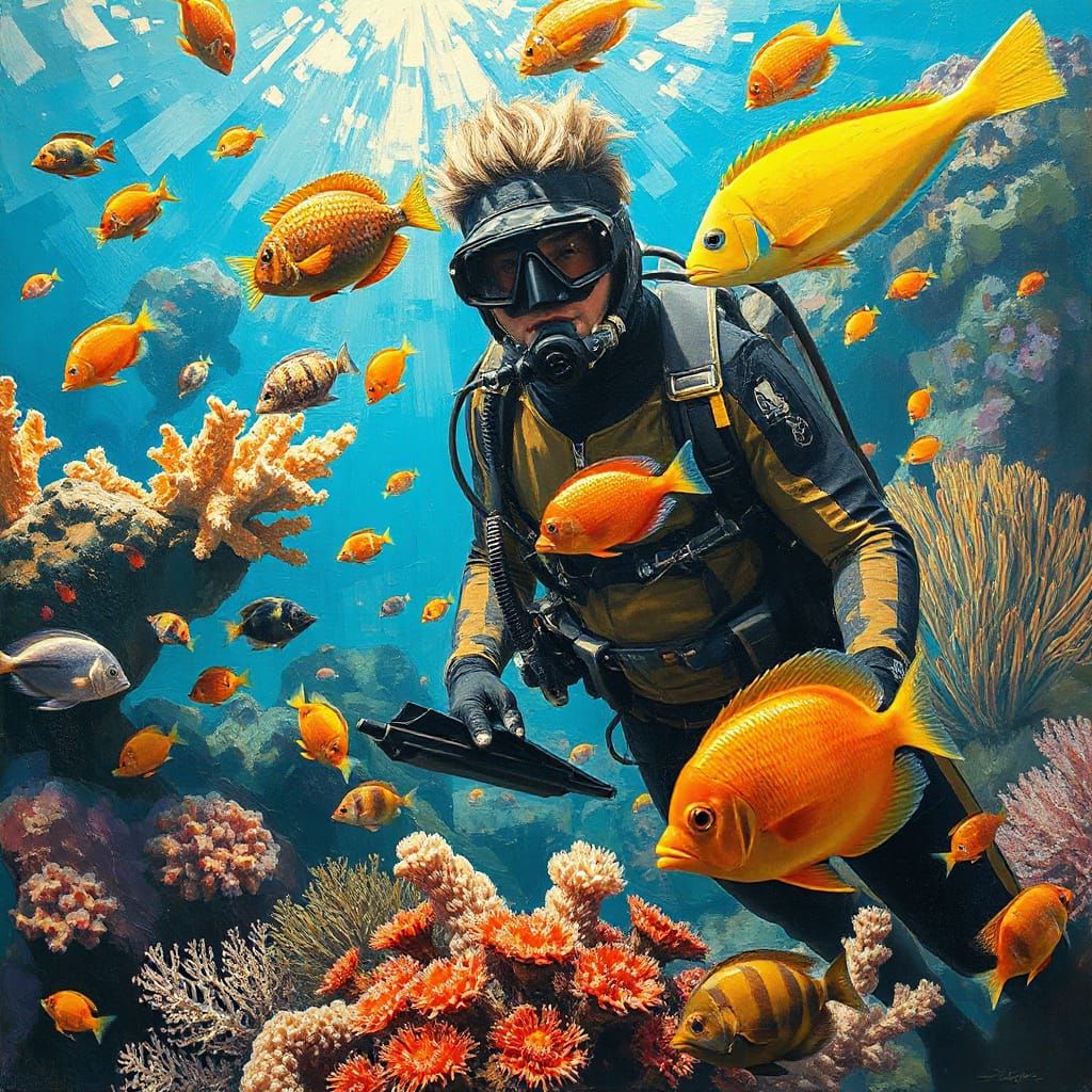 Vibrant Diver in Underwater Paradise: Neo-Impressionism