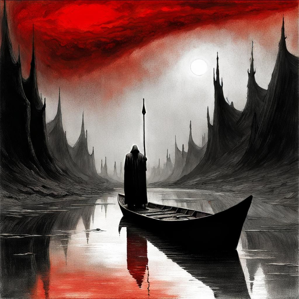 Charon on the Styx in Hellish Landscape
