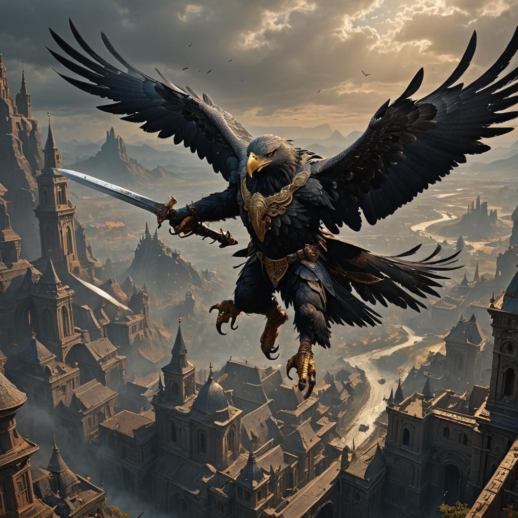 Black Eagle with Sword and Sickle in Flight