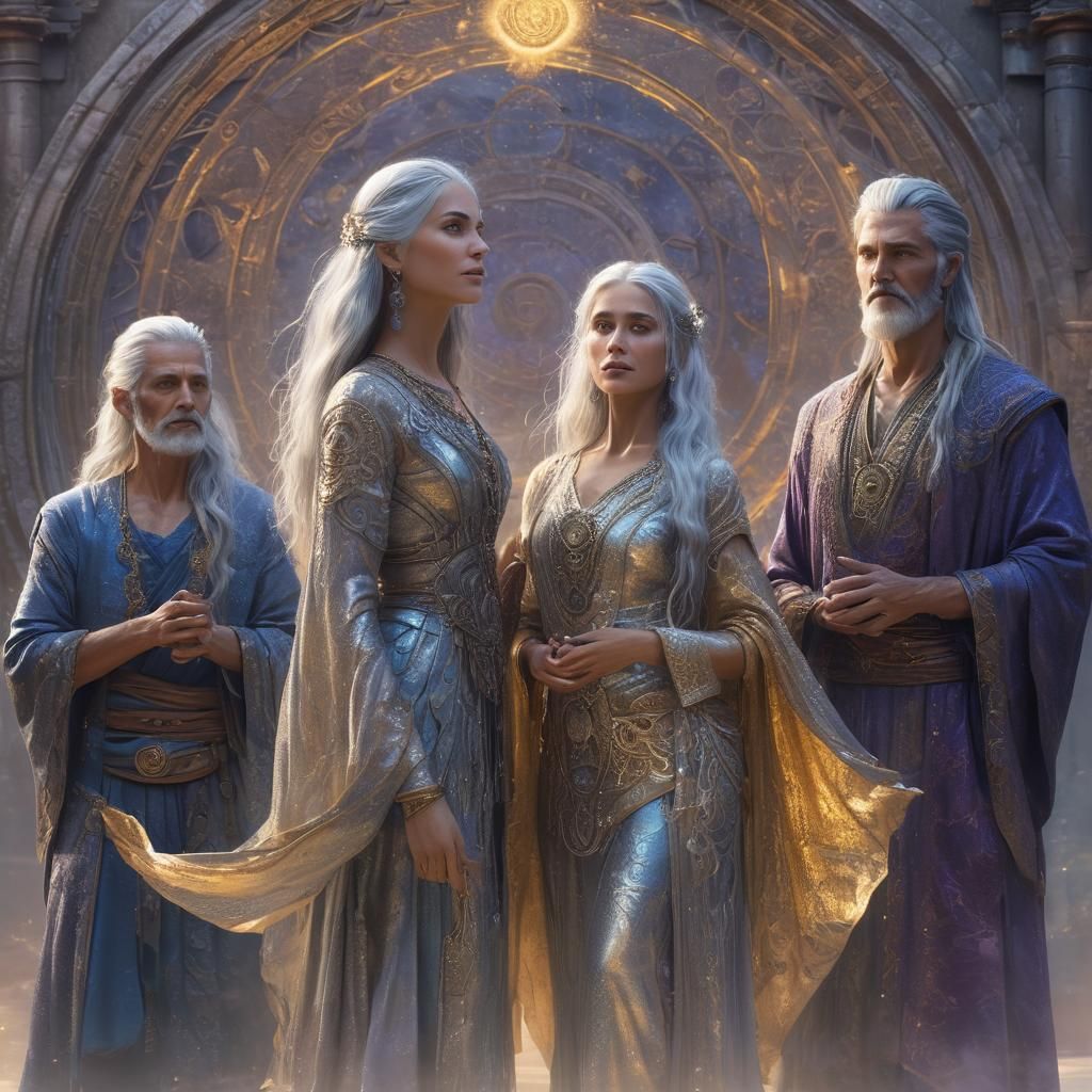 Mystical Ancients Enter Golden Portal: Fantasy Concept Art