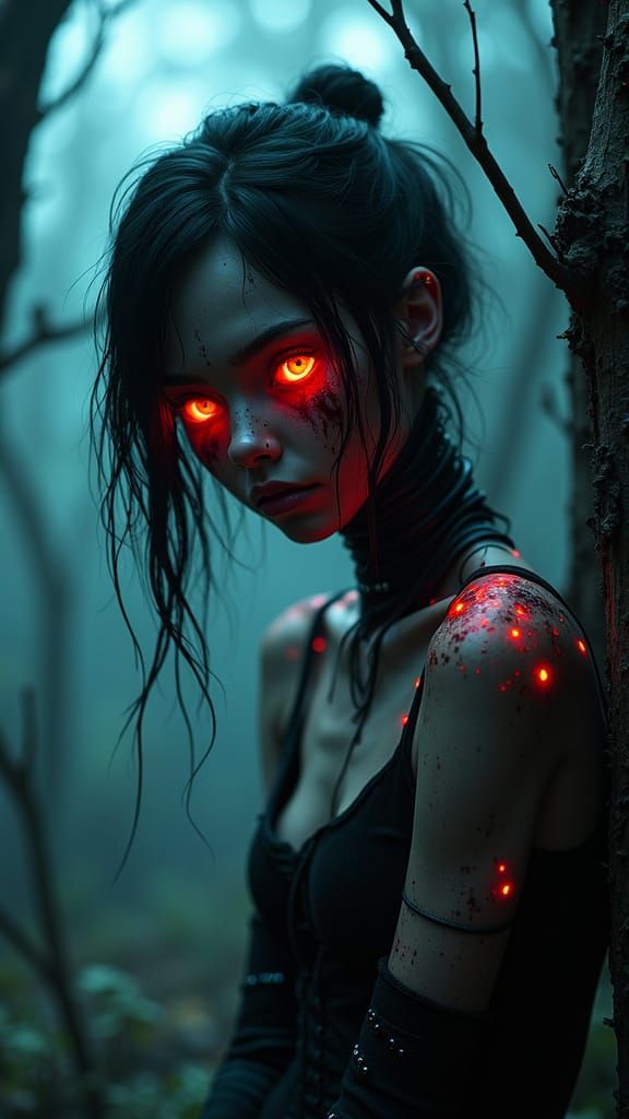 Bioluminescent Android in Grimdark Cyberpunk Scene