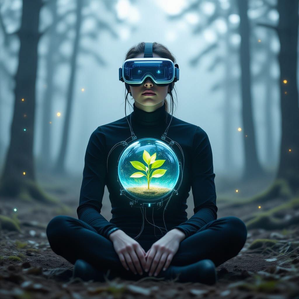 Biomechanical Figure with Plant Heart in Foggy Forest