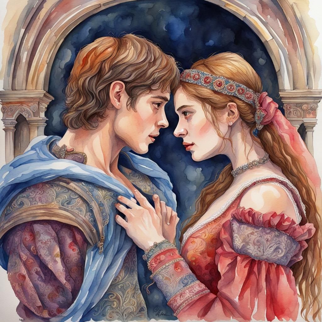 Colorful Watercolor Painting of Romeo and Juliet