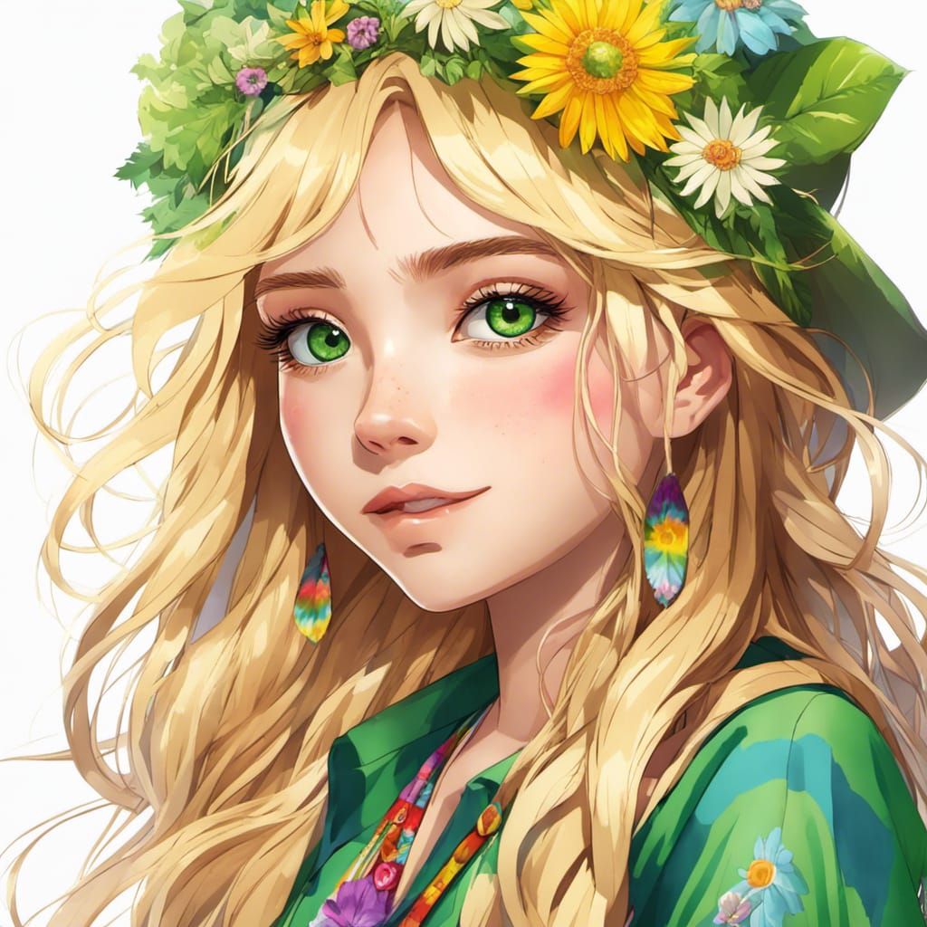 Anime Portrait: Hippie Girl with Flowers