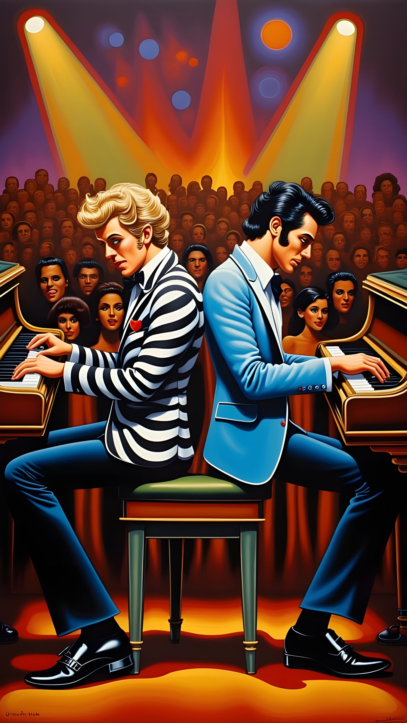 Rock and Roll Icons Duel on Stage in Funky Seventies Style