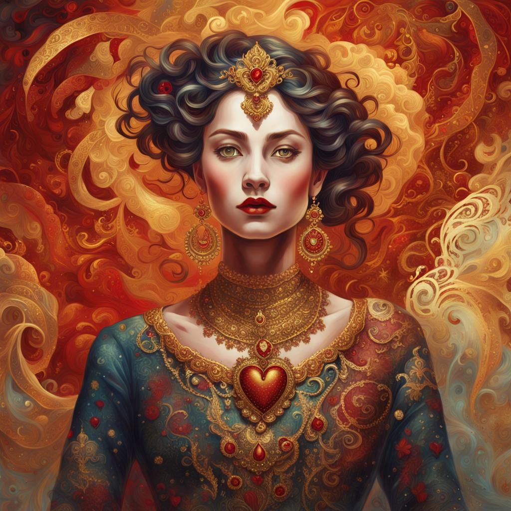 Heart-Clad Woman in Red and Gold Concept Art