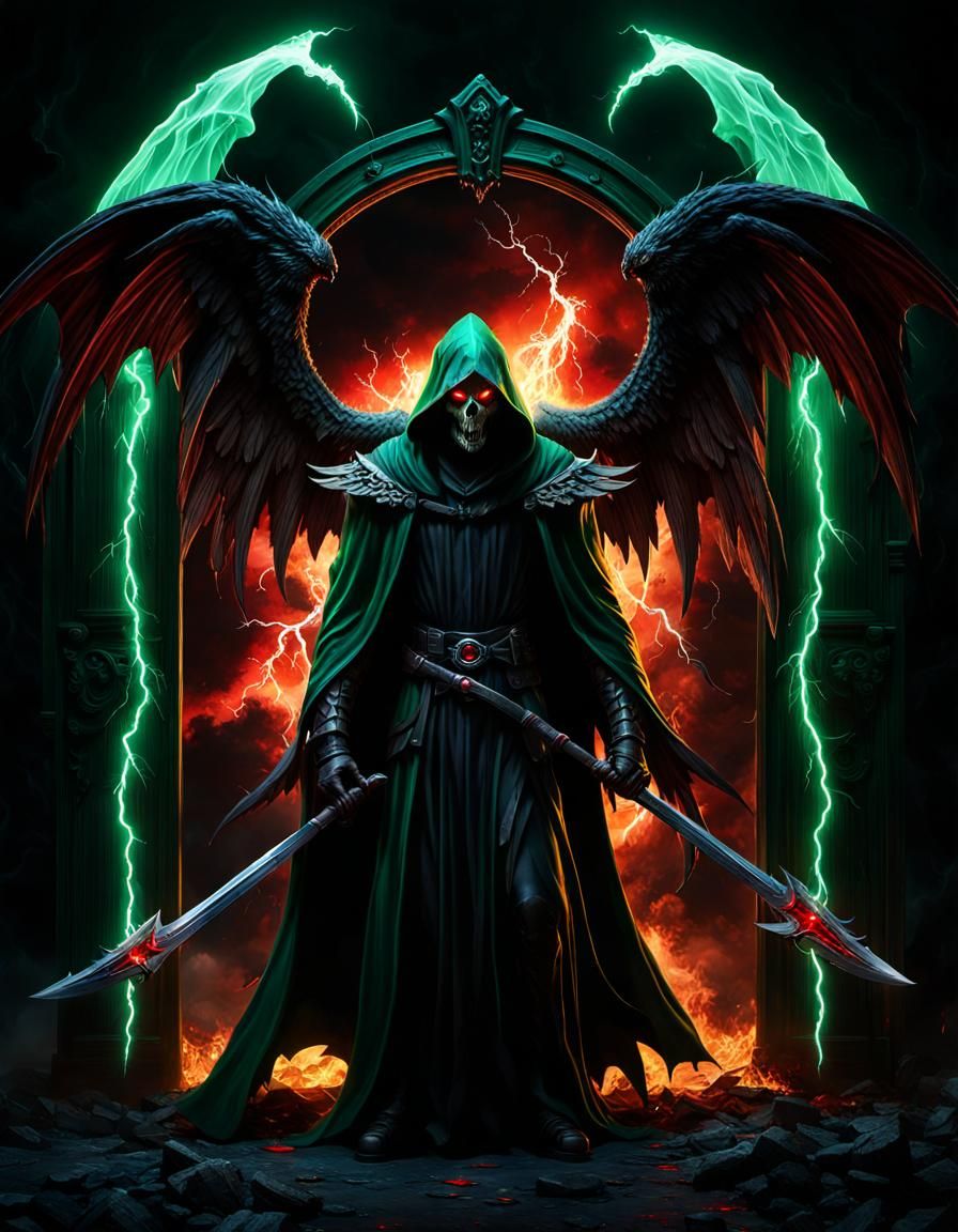 Winged Grim Reaper with Bioluminescent Ghost