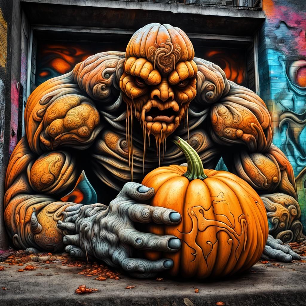 Pumpkin Golem Graffiti Art: Hyperrealistic Digital Painting