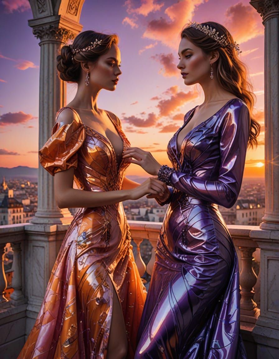 Elegant Women on Balcony in Vibrant Digital Art Style