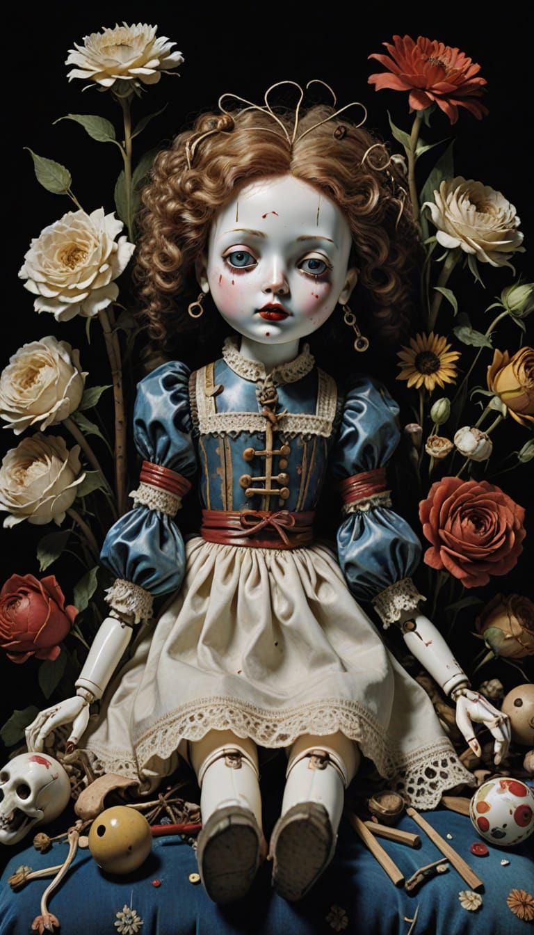 Surreal Doll Still Life in Hyperrealistic Renaissance Style