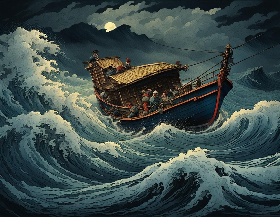 Stormy Sea Japanese Boat in Katsushika Hokusai Style