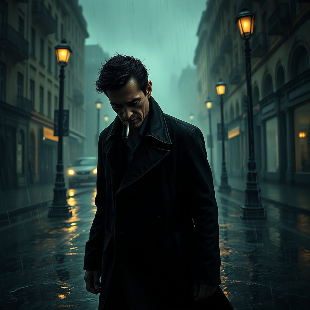 Melancholic Street Wanderer in Rainy Cityscape