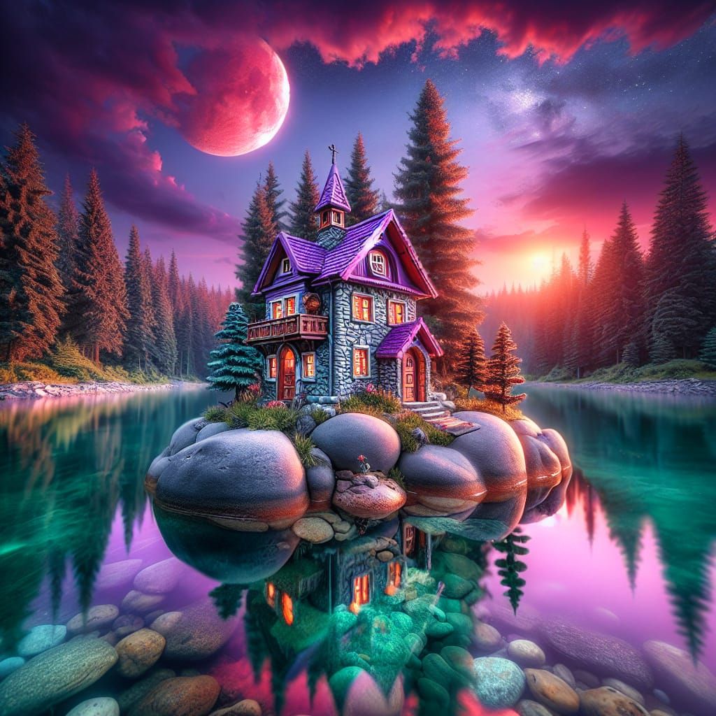 Whimsical Purple House on Boulder at Sunset