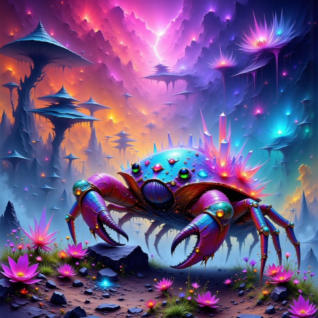Ethereal Crystal Crab on Surreal Floating Islands