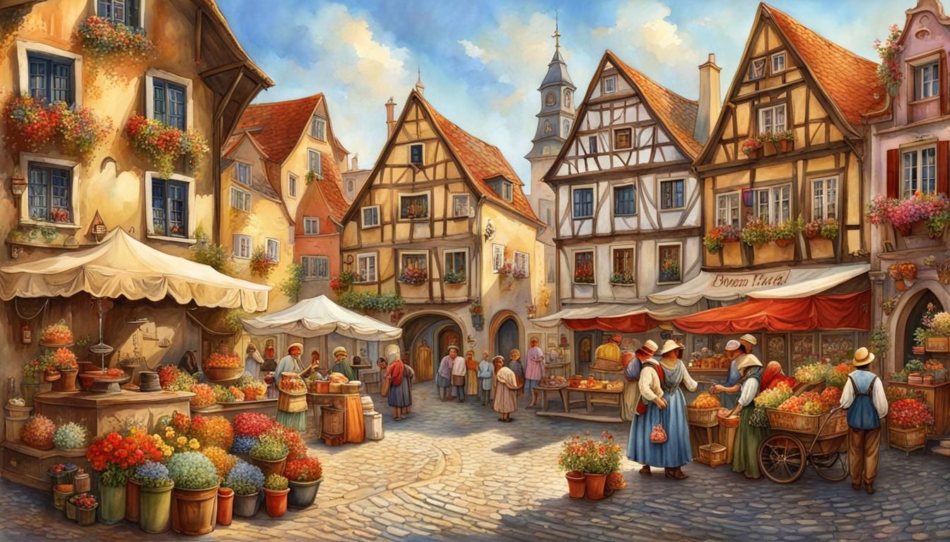 Colorful Medieval Town Square in Nostalgic Painting Style