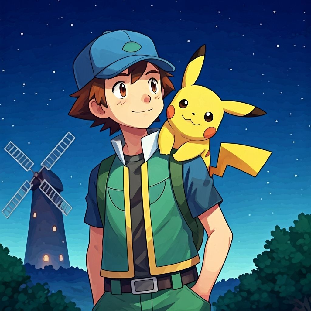 Boy and Pikachu Gaze at Windmill Under Starry Sky