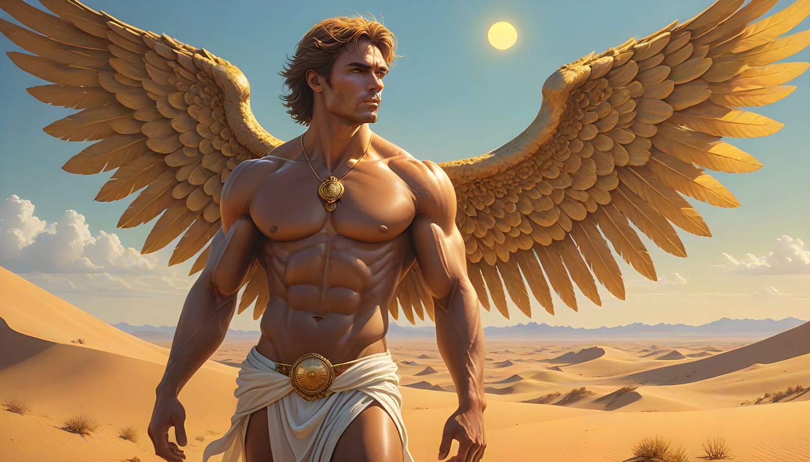 Ethereal Lion-Headed Angel in Golden Robes Amidst Desert San...