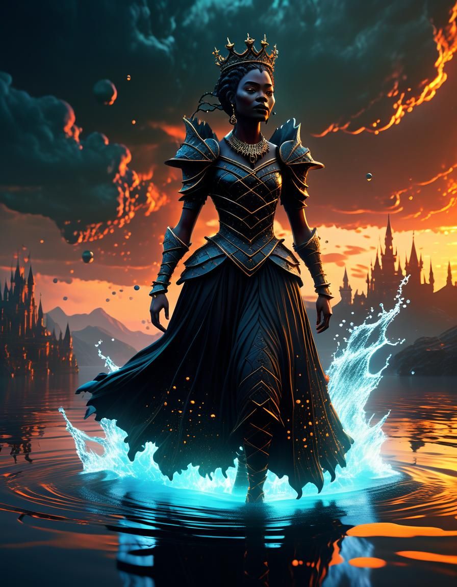 Black Queen Walking on Water in Magical Universe