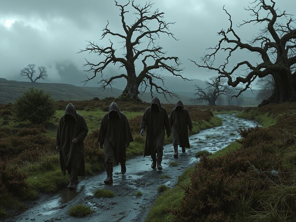 Eerie Moorland Druids in Digital Art Style