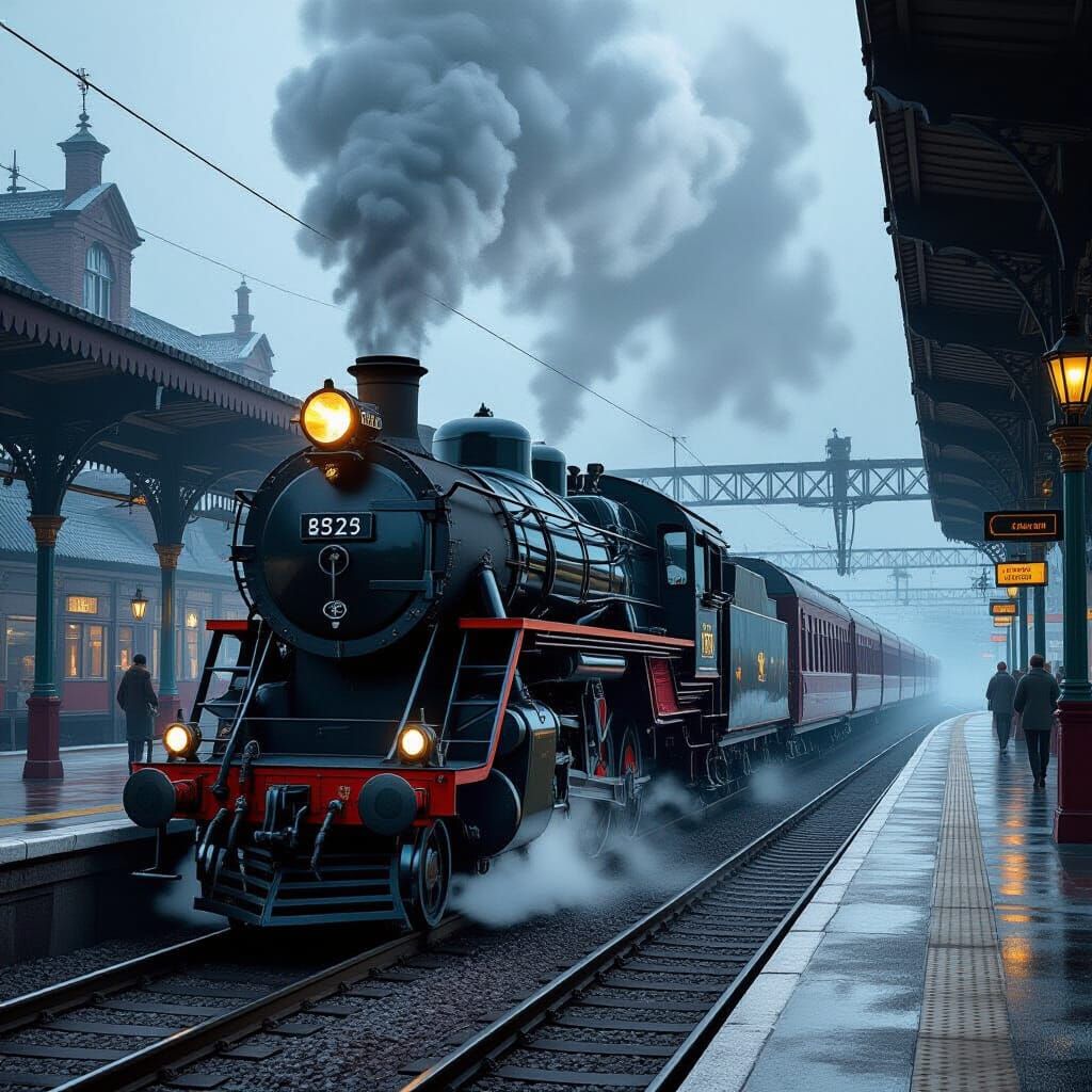 Steam Train Arriving at Bustling Railway Station