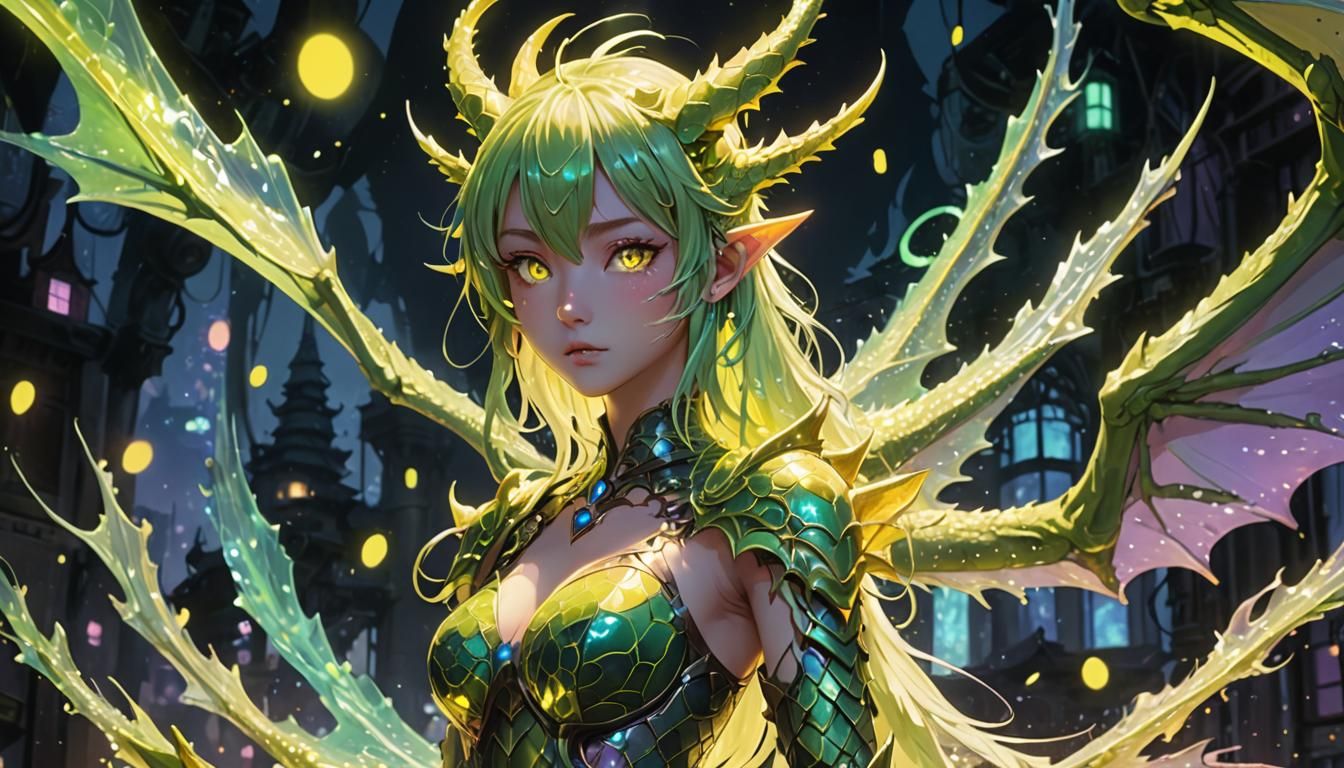 Pastel Anime Dragon Girl with Iridescent Dragon Scales