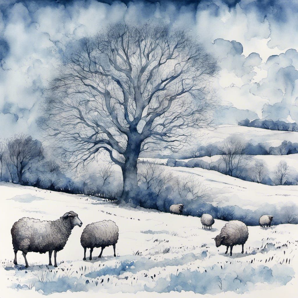Winter Landscape in Cotswolds: Watercolour Ink Art
