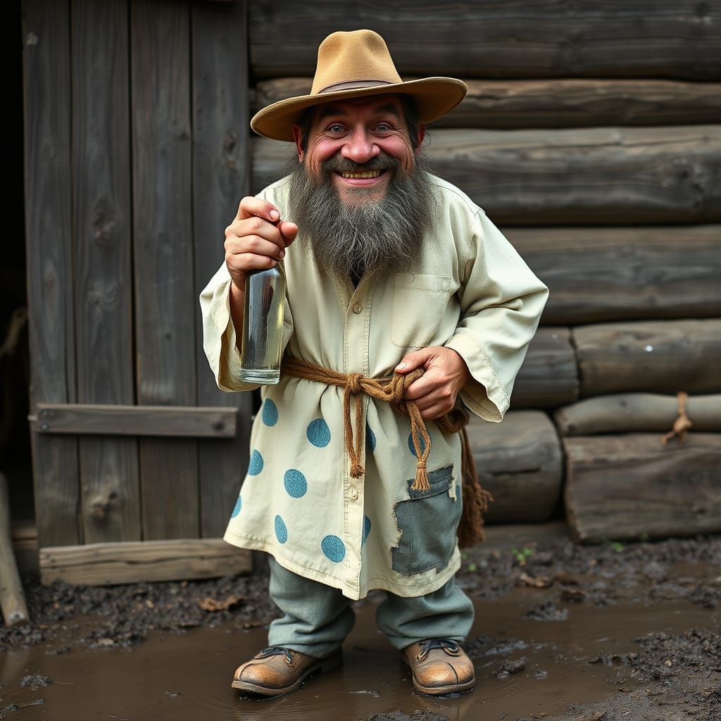Grotesque Drunken Russian Peasant in Muddy Yard