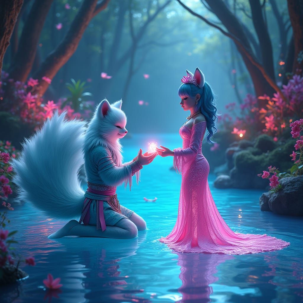 Cyber Kitsune Proposes in Iridescent Lagoon with Glowing Aqu...