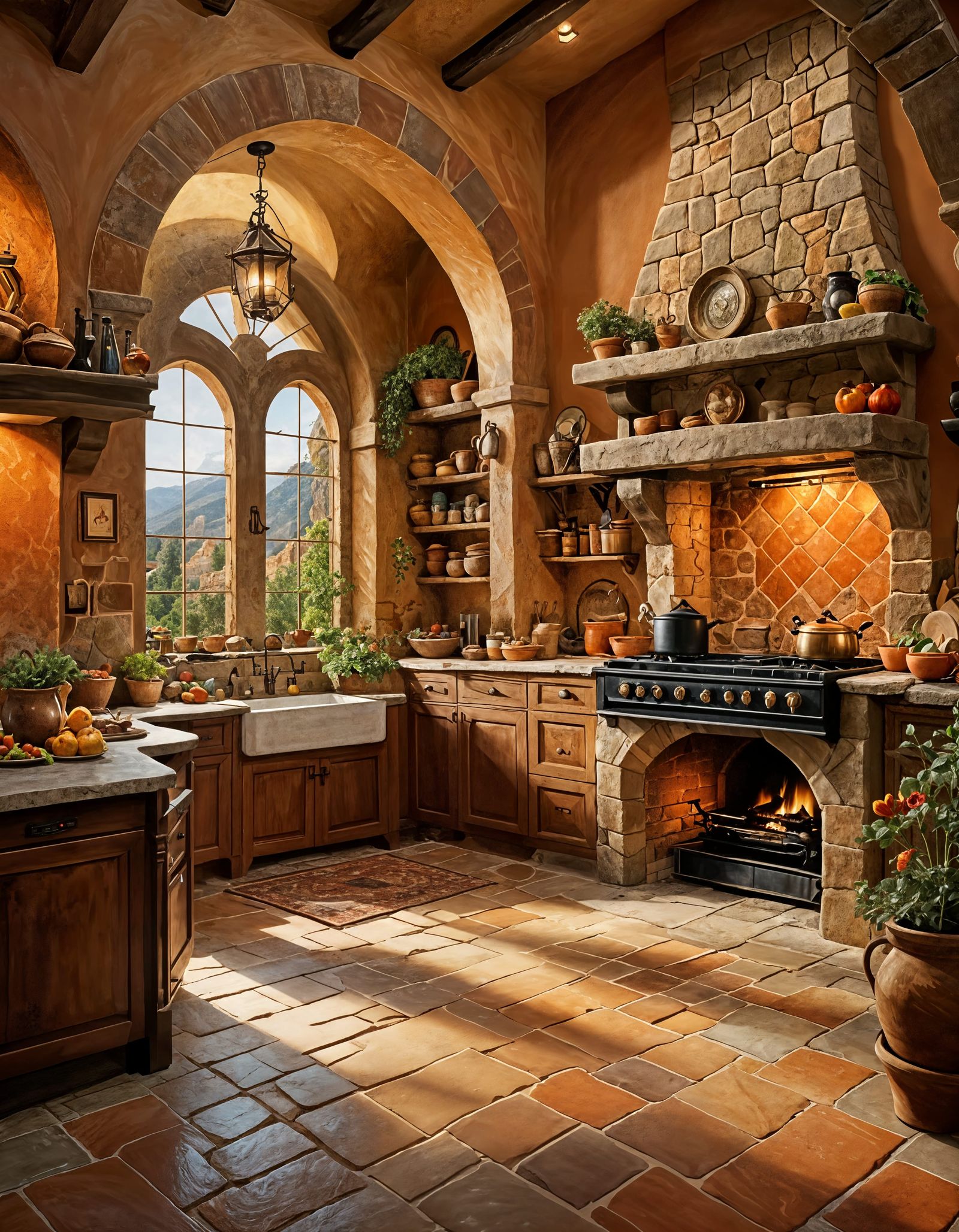Enchanting Tuscan Kitchen with Stone Hearth