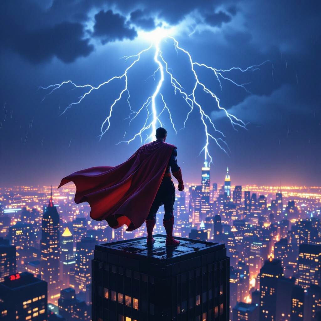 Superhero on Skyscraper Rooftop Amidst Lightning Storm