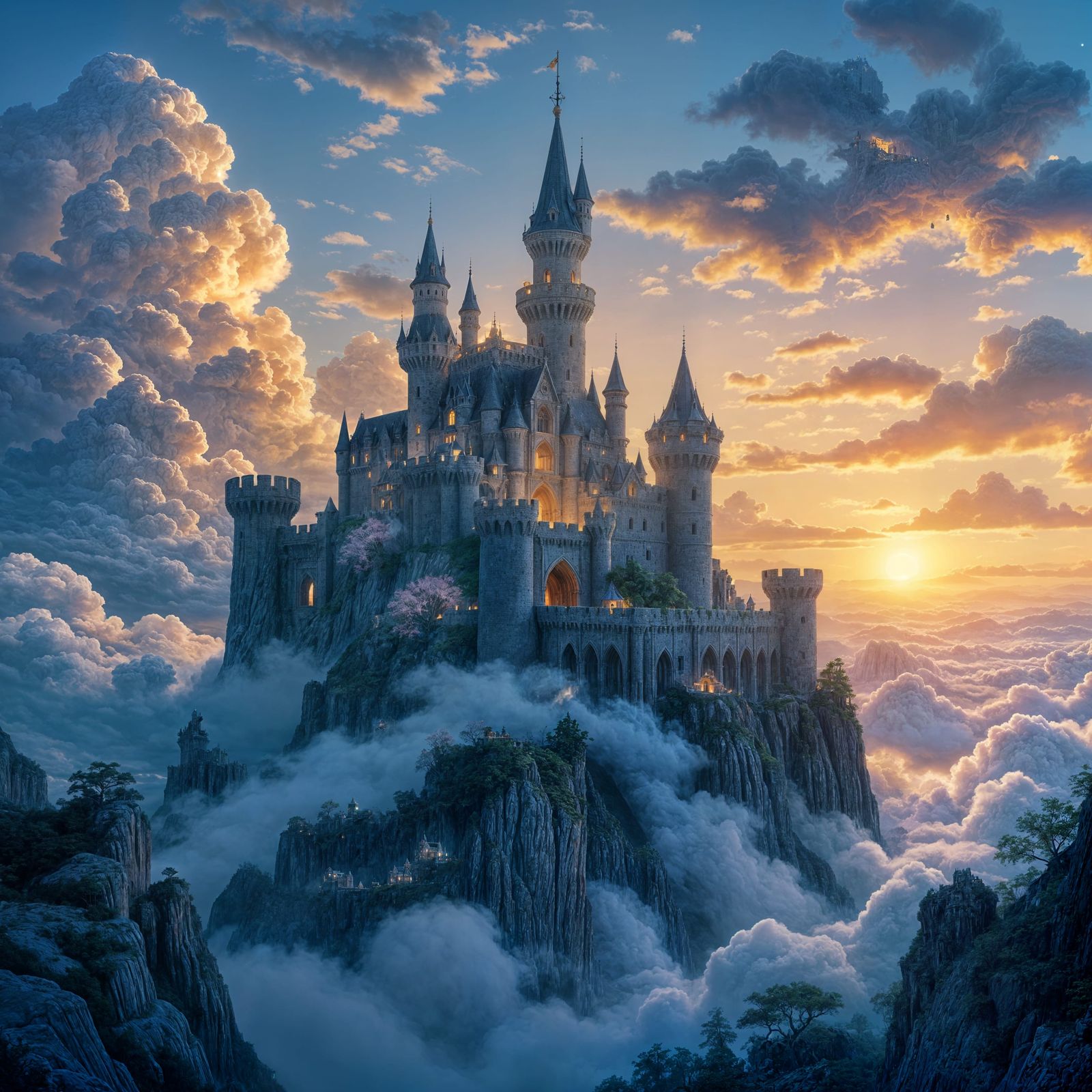 Ancient Castle on Cloud at Sunset in Epic Fantasy Style