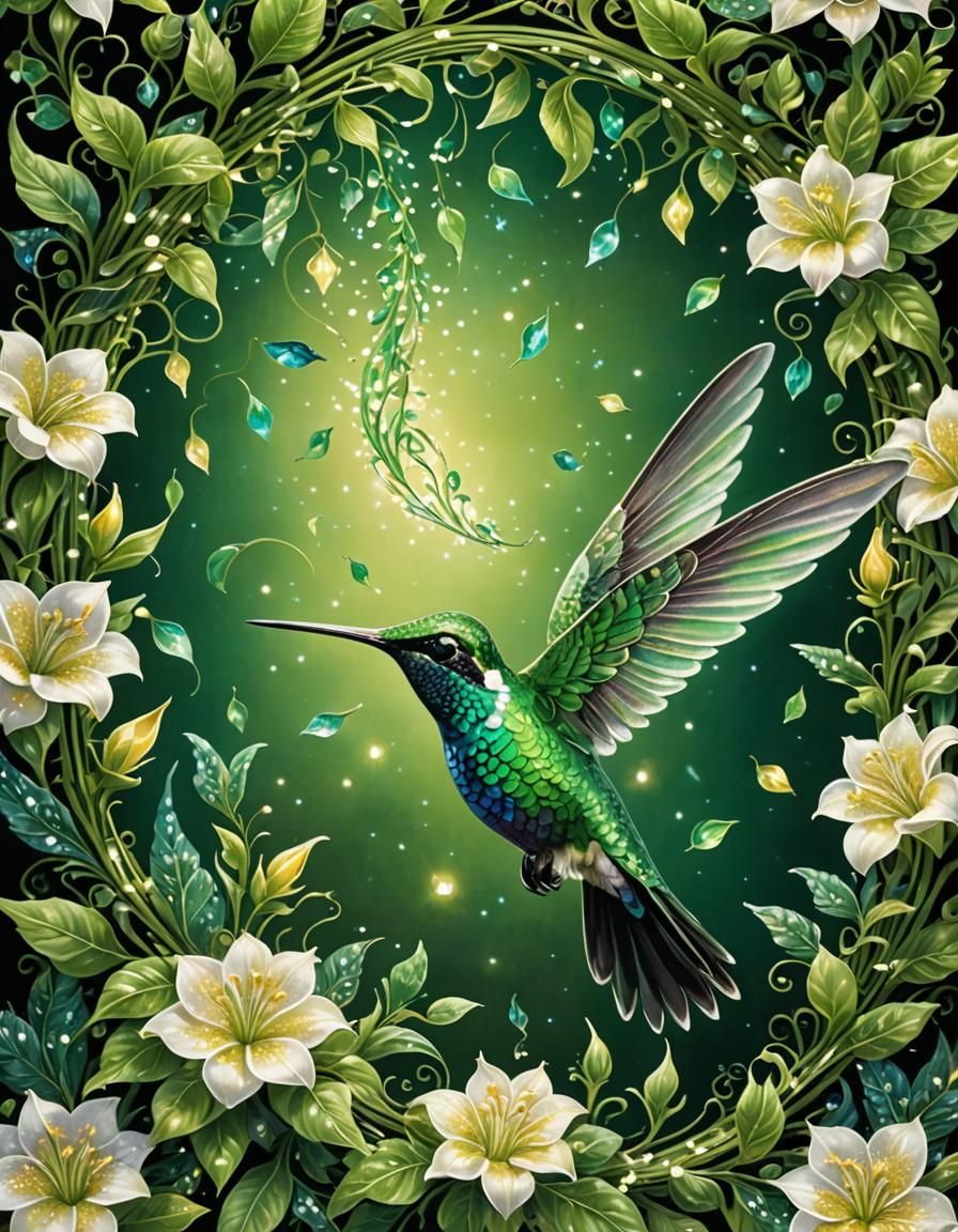 Hummingbird in Floral Abyss: Iridescent Art Nouveau