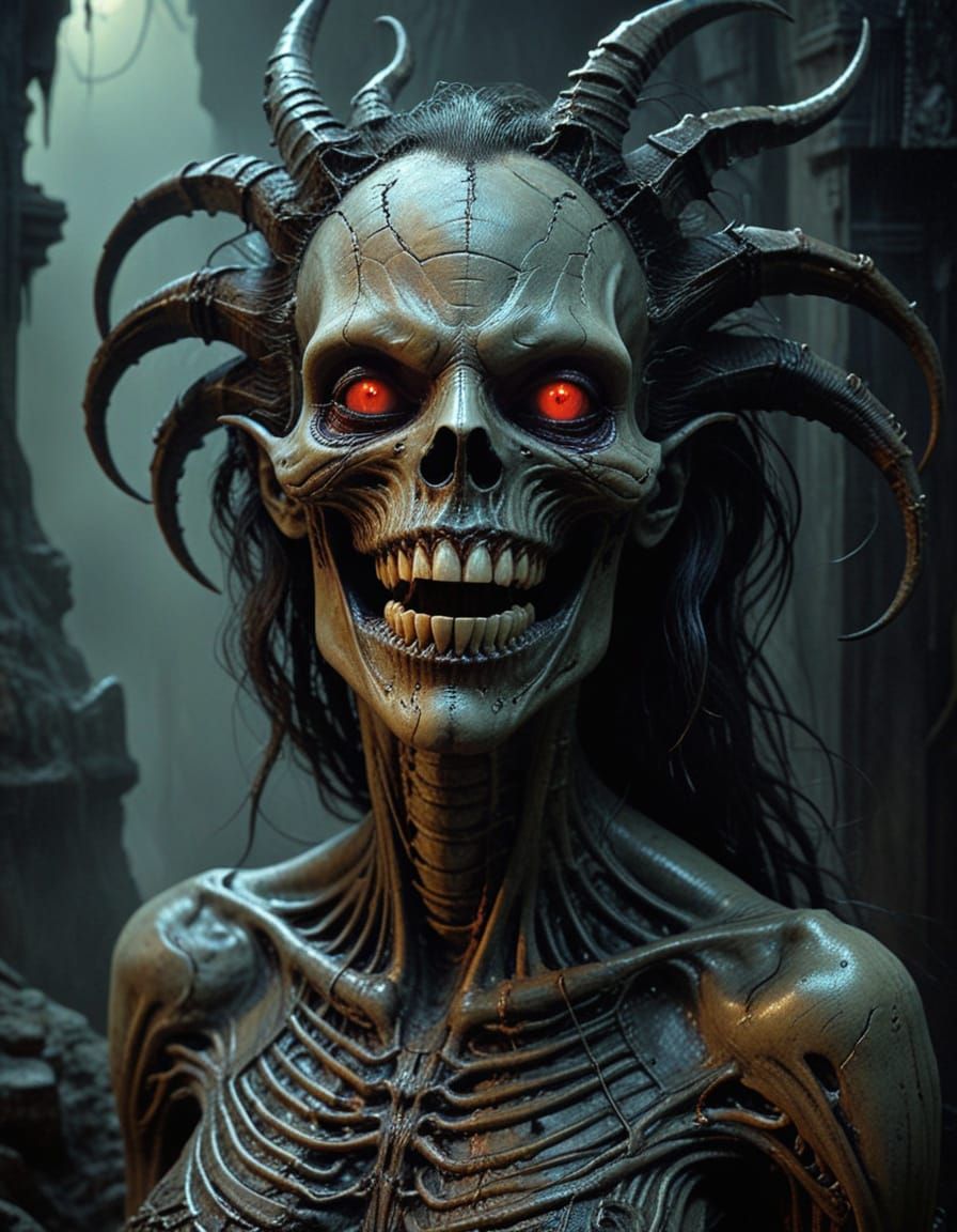 Ethereal Demoness Unveiled in Dark, Chiaroscuro Oil Painting