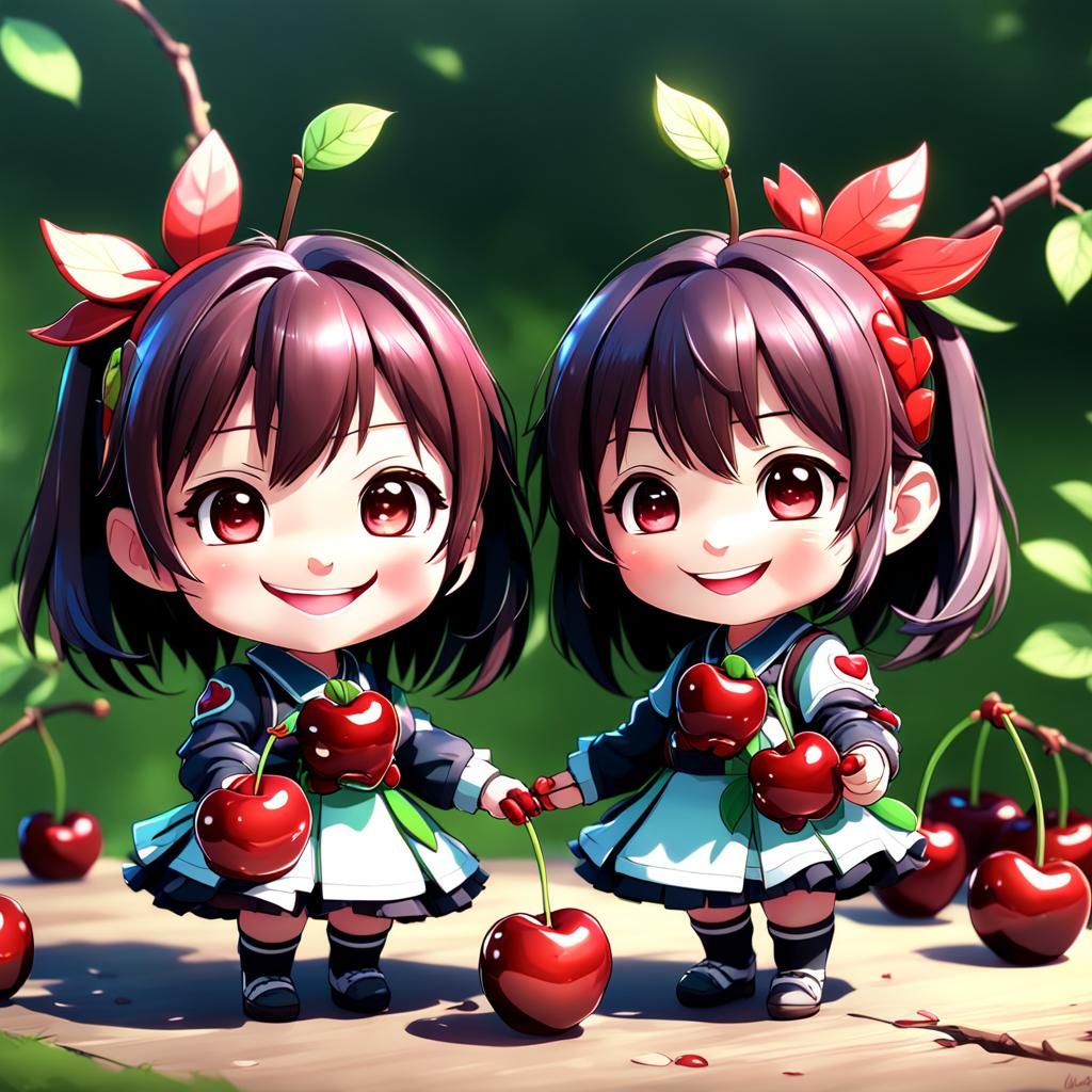 Smiling Chibi Cherries in 3D Anime Art