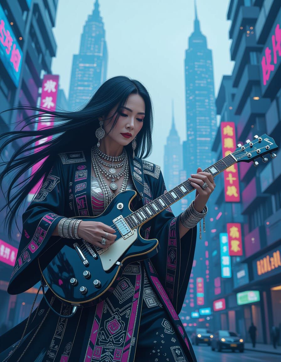 Elderly Woman Shreds Guitar in Cyberpunk Cityscape