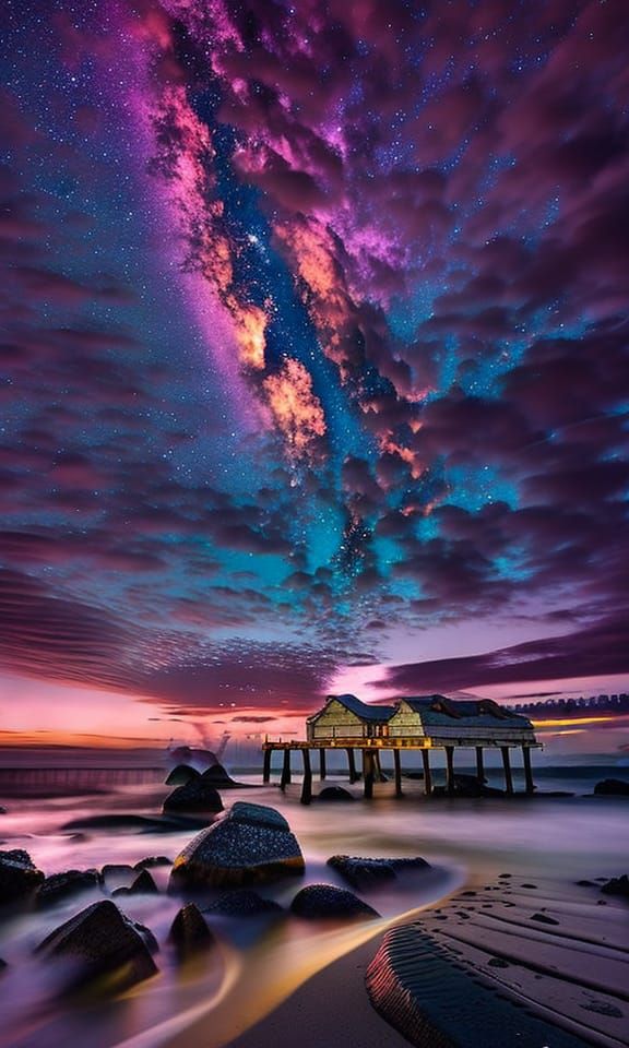 Milky Way Over Ocean Shore in Purple and Yellow