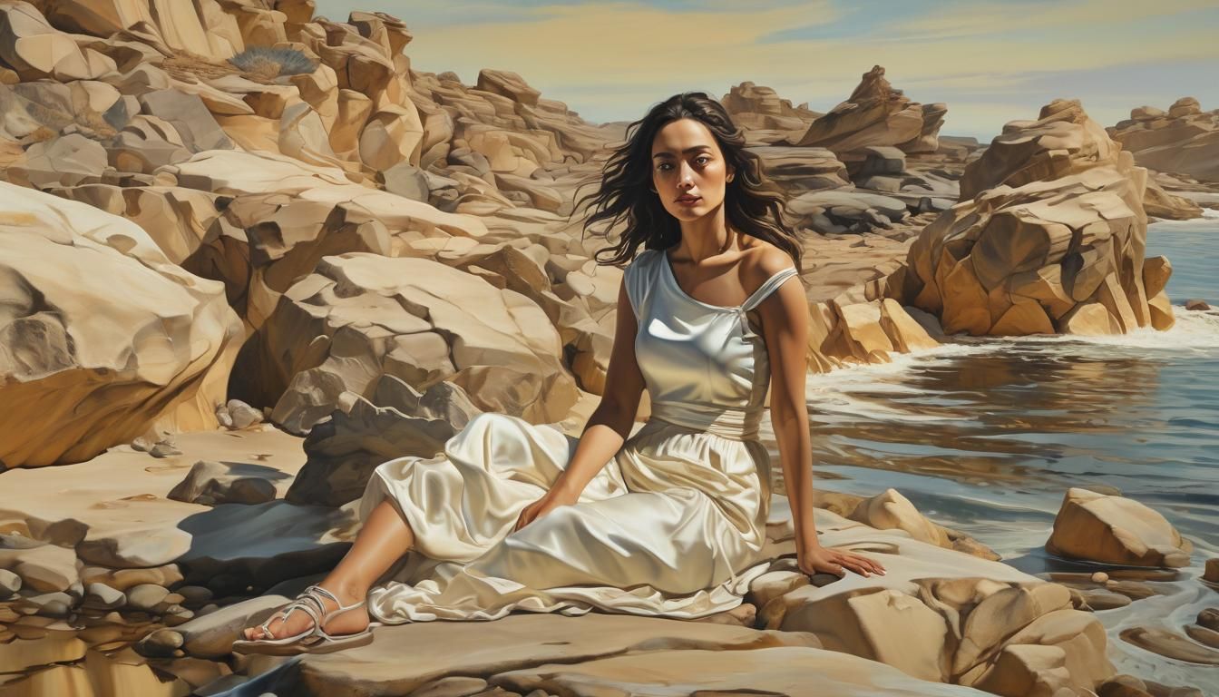Surreal Woman on Rocky Shoreline, Dali-Inspired