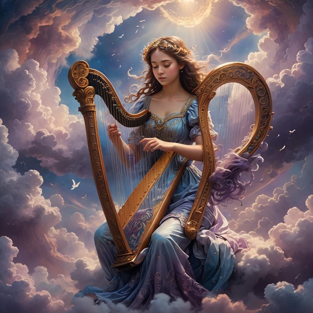 Angelic Harpist in Ethereal Cloudscape: Fantasy Art