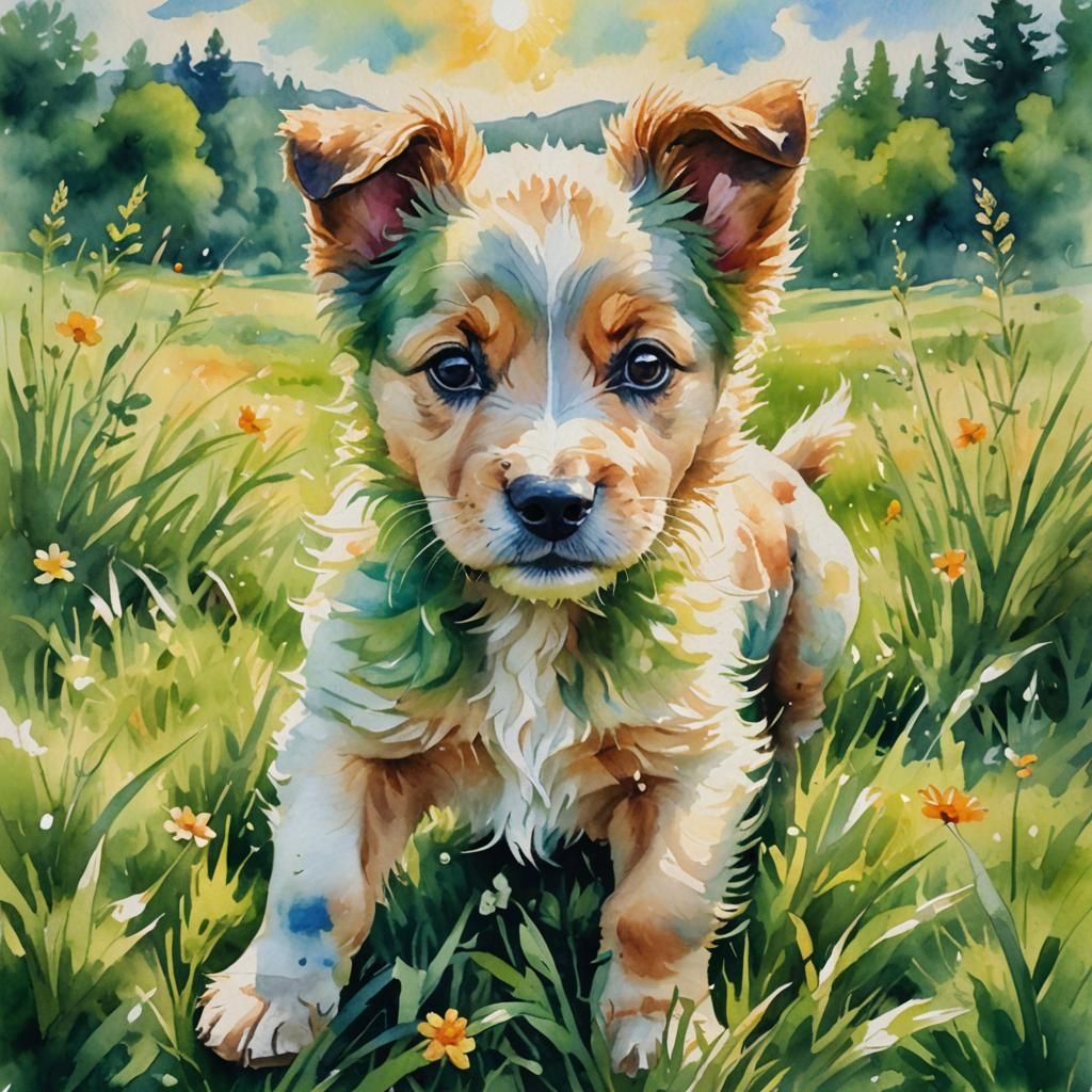 Puppy's Meadow: A Watercolor Impression