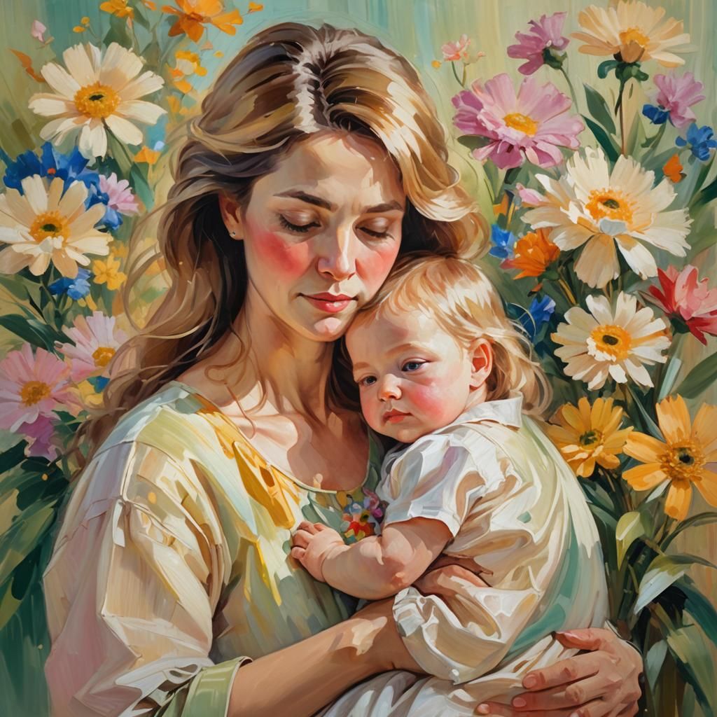 Loving Mother and Baby as Oil Painting