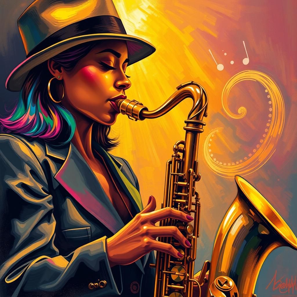 Jazz Scene with Rainbow Hair in Modern Art Style